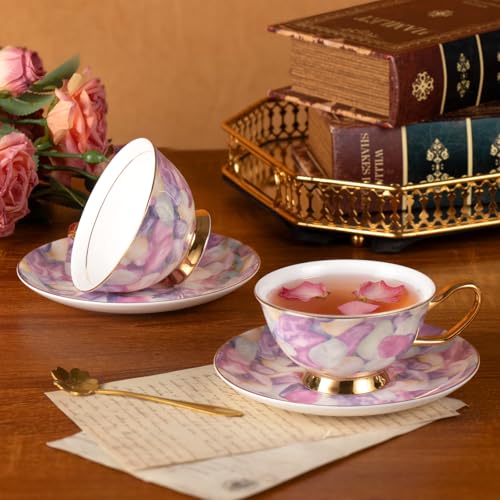 KAMMAK Tea Cups and Saucers Set of 2, Porcelain Coffee Cups, JBE024 | Stackable Espresso Mugs, Ceramic Demitasse for Coffee, Cappuccino, Latte, Americano, Tea - size: 8CZJBE024