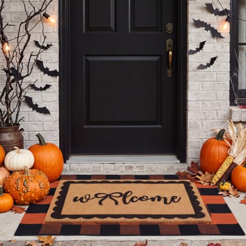 2 Pcs Bow Welcome Front Door Mat Combo Set Halloween Coco Coir Welcome Doormat 27.5''x43'' Layered Buffalo Orange Black Plaid Rug Thick Nonslip Backing for Outdoor Porch Entryway Decor - color: Orange and Black