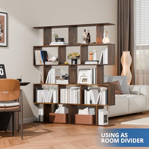 Set of 2 Geometric Bookcase, S-Shaped Modern Bookshelf, Room Divider Bookshelf, 62" Tall Unique Abstract Bookcase with 5-Tier Display Shelf for Living Room Office, Rustic Brown - color: Rustic Brown