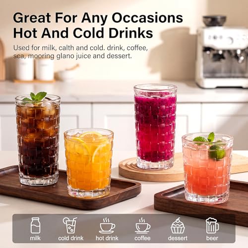 QAPPDA Embossed Drinking Glasses 12 Pack, 11oz & 8oz Old Fashioned Glass | Vintage Kitchen Bar Tumbler Glassware Set for Whiskey, Beer, Juice, Milk and Various Mixed Drinks