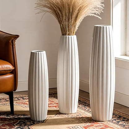 White Tall Ceramic Floor Vase, 24 Inch, Ribbed Drum Design | Glossy Glazed Finish, Living Room, Fireplace, Entryway, Pampas Grass - color: Vertical Stripes, size: Height-24 Inch