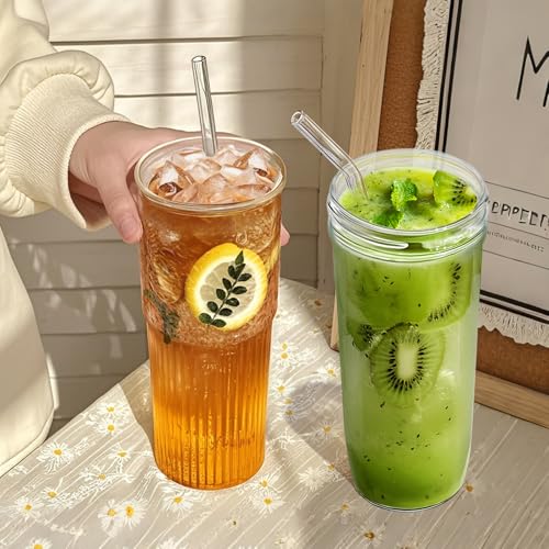 32oz Ribbed Glassware Large Cup, Glass Cups With Lids And Straws,Iced Coffee Cups With Lids,Glasses Drinking Set,Cute Cups,Boba Cup,With Straw Brush,Ideal Gift