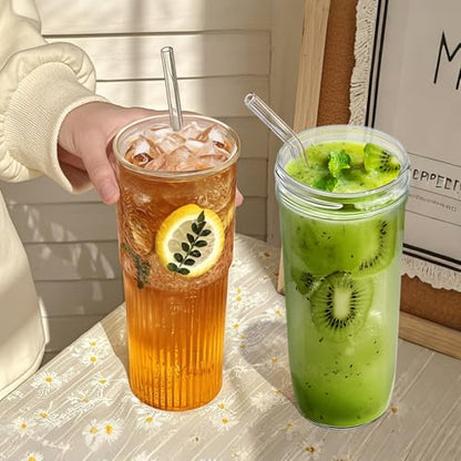32oz Ribbed Glassware Large Cup, Glass Cups With Lids And Straws,Iced Coffee Cups With Lids,Glasses Drinking Set,Cute Cups,Boba Cup,With Straw Brush,Ideal Gift