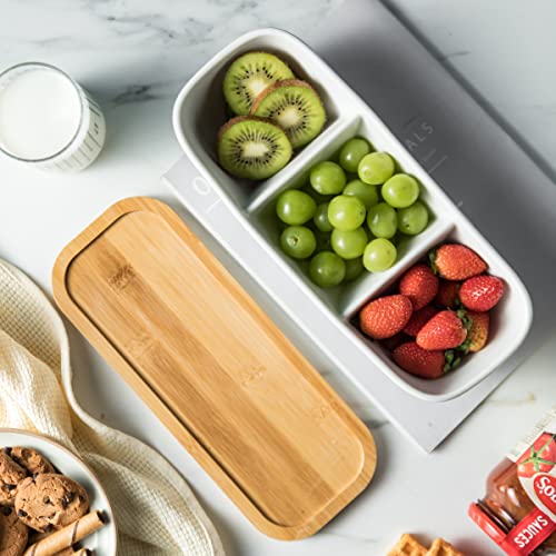 Miamolo Chip and Dip Set Bowl with Divided Serving Tray, Hosting Essentials | Acacia Wood Tray, Ceramic Serving Bowls | Condiment Tray for Dipping Sauces, Party | Kitchen Counter Decor, Microwave Safe - size: Large-11 inches