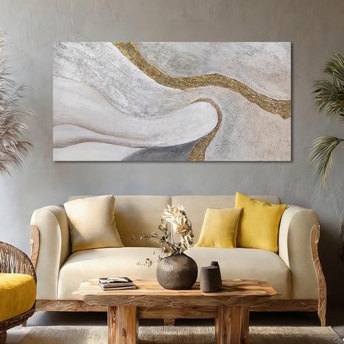 Modern White Gold Abstract Canvas Wall Art for Living Room 24x48 Inch - color: White and Gold, size: 48"L x 24"W
