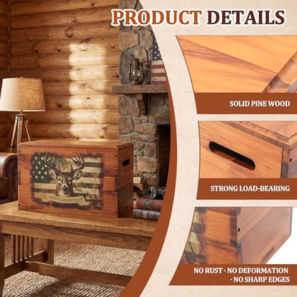 Novabright Solid Pine Wooden Storage Box with Lid, Rustic Elk Decorative Crate for Men’s Desk, Man Cave, Dad, Father's Day, Remote Controls, Books, Keepsakes and Cabin Decor Gift