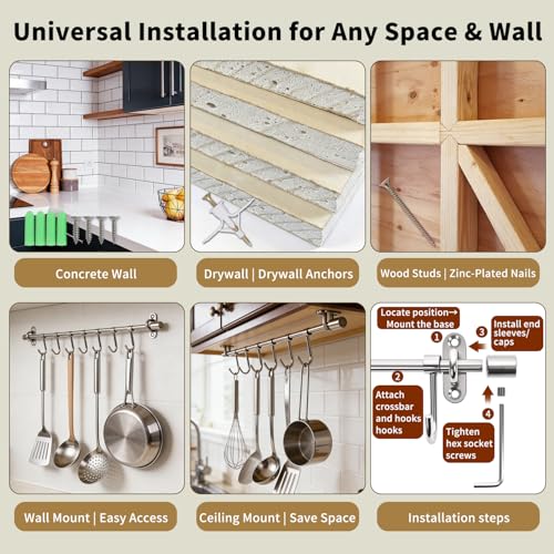 15.7" Kitchen Utensil Rack with 7 Sliding Hooks, 304 Stainless Steel Kitchen Rail with Hooks, Utensil Hanging Rack Wall Mounted, Pots and Pans Hanging Rack 2 Packs