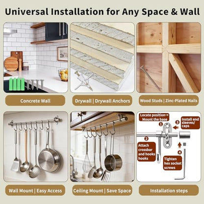 15.7" Kitchen Utensil Rack with 7 Sliding Hooks, 304 Stainless Steel Kitchen Rail with Hooks, Utensil Hanging Rack Wall Mounted, Pots and Pans Hanging Rack 2 Packs