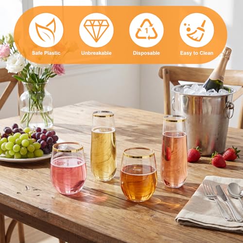 Remerry 48 Pack Stemless Plastic Wine Glasses 9 oz & 12 oz Disposable Champagne Flutes Cups Shatterproof Toasting Cocktail Glasses for Weddings, Bars, Events(Gold Rim) - style: Gold Rim