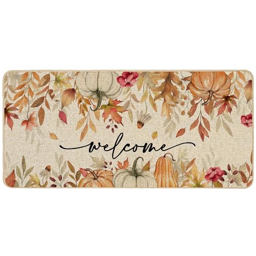 Baccessor Fall Pumpkins Leaf Doormat Indoor Outdoor Outside Autumn Thaksgiving Decorative Front Long Welcome Door Mat Non-Slip Rubber Backing Seasonal Kitchen Entrance Floor Decoration 17 x 36 Inch - size: 1'5" x 3' (Rectangular)