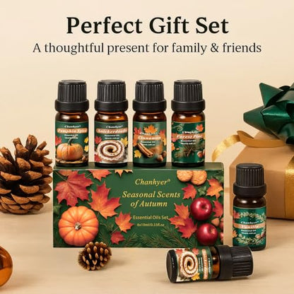 Autumn Fall Essential Oils Set for Diffusers for Home 6 x 10 ml | Aromatherapy Gift,Premium Scented Oils for Diffusers - Pumpkin Spice,Apple Cider,Snickerdoodle,Vanilla,Cinnamon & Pine - color: Green