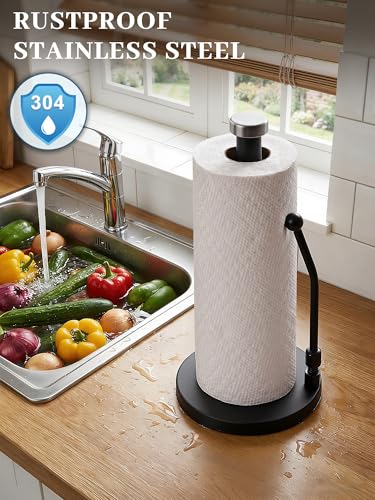 SMARTAKE Paper Towel Holder Countertop, Non-Slip Weighted Base, Black | Freestanding Kitchen Roll Dispenser, Rustproof Stainless Steel, Spring Arm for Easy Tear, Widden Top, with 4 Suction Cups - color: 02-black
