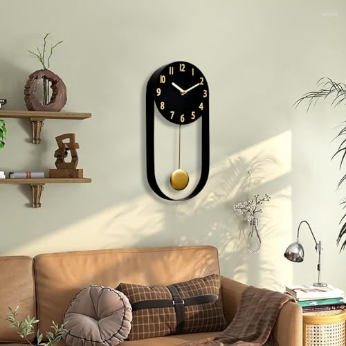 EMAX HOME 8 Inch Black Wall Clock with Gold Pendulum, Silent Modern Metal Wall Clock, Minimalist Decorative Pendulum Timepiece for Living Room, Office, Kitchen