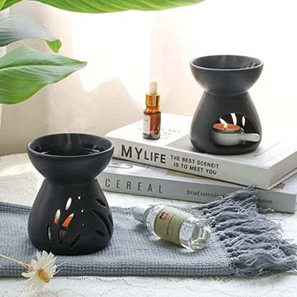 ComSaf Oil Burner Wax Melt Warmer, Ceramic Candle Diffuser Black 2 Pack | Essential Oil Aromatherapy, Scented Wax Melts, Tea Light Tray, Bedroom Home Decor, Spa and Yoga, Housewarming Gift