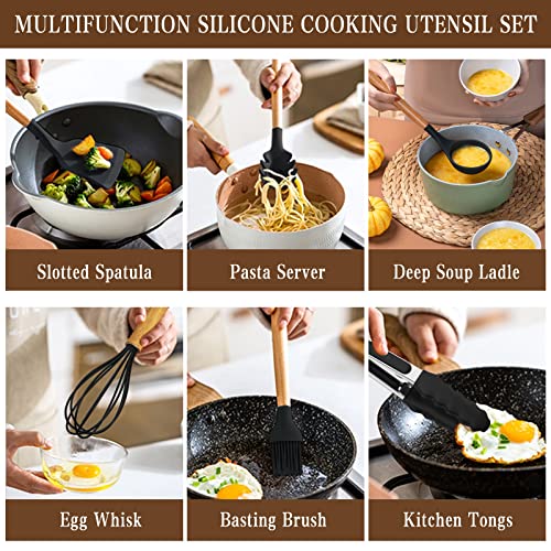 Umite Chef Kitchen Cooking Utensils Set, 33 pcs Non-Stick Silicone Cooking Kitchen Spatula Set with Holder, Wooden Handle Silicone Kitchen Gadgets Utensil Set (Black) - color: Black