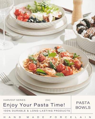 getstar Pasta Bowls, Large Salad Serving Bowls (9.2 inch/42 oz), Ceramic Bowl Plates Set of 4, Farmhouse Embossments, Microwave and Dishwasher Safe - size: 9.2"/42oz