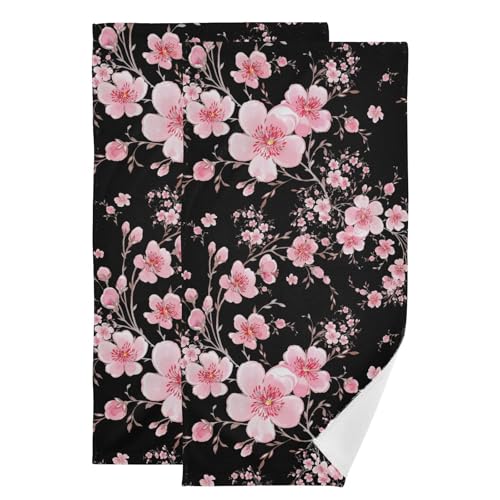 2 Pack Black Pink Cherry Blossom Flower Hand Towels for Bathroom,Absorbent Asian Japanese Plum Floral Branch Fingertip Guest Decorative Bath Towels,Soft Dish Towels for Kitchen Decor 14"x28" - color: Pink Black
