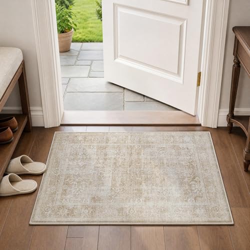 Beauoop 2x3 Washable Beige Neutral Vintage Distressed Retro EntryWay Rug | Cream Non Slip Low Pile Oriental Soft Small Carpet Throw Rugs Door Mat Retro Entry Entrance Kitchen Bedroom Bathroom Laundry - color: Beige, size: 2' x 3' (Rectangular)