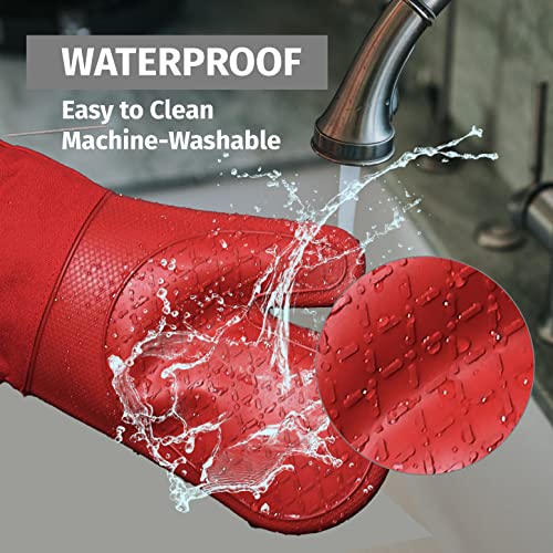 Klex Extra Long Silicone Oven Mitts and Pot Holders, 932°F Degrees Heat Resistance with Quilted Liner Oven Gloves and Hot Pads, 4 Piece Set, 15 inch, Red