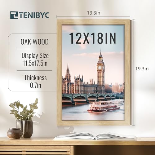 12x18 Frame Set of 3, Natural Oak Wood Picture Frame 12x18 for Photos, Posters and Art Prints, HD Tempered Glass, Wall Hanging - color: Oak, size: 12 X 18, style: 3 Pack