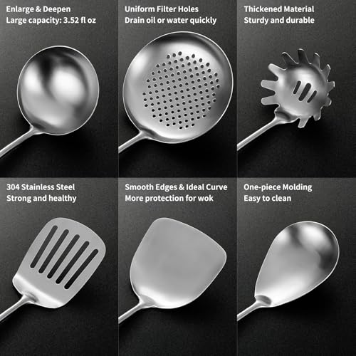 Izurok 18/10 Stainless Steel Kitchen Utensils Set,10 Piece Cooking Utensils With Wood Handle,Heat Resistant Kitchen Tool Set With Spatula,Spoon,Ladle,Skimmer,Slotted Turners,Pasta,Turner,Ladl,Fork - color: SILVER-10 Pieces, size: Large