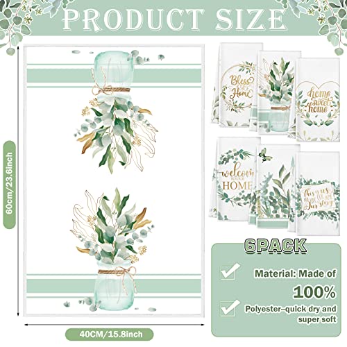 Redbaker 6 Pcs Eucalyptus Kitchen Towels Sage Green Farmhouse Dishcloth | Decorative Dish Cloths with Gold Quotes, Spring Kitchen Decor, Absorbent for Bathroom, Tea Towel Style, Housewarming Gifts - style: Eucalyptus Leaf