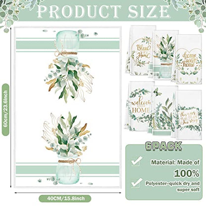 Redbaker 6 Pcs Eucalyptus Kitchen Towels Sage Green Farmhouse Dishcloth | Decorative Dish Cloths with Gold Quotes, Spring Kitchen Decor, Absorbent for Bathroom, Tea Towel Style, Housewarming Gifts - style: Eucalyptus Leaf