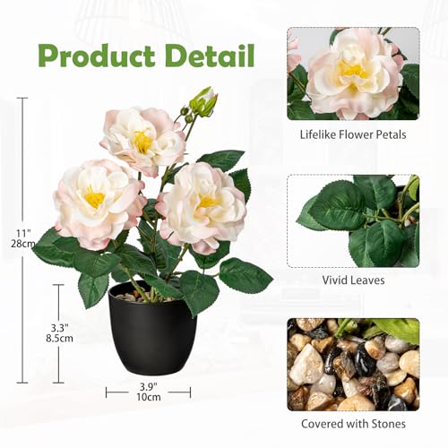 Hollyone Artificial Plants & Flowers with Vase Pink Roses Artificial Flowers Small Potted Plant Faux Silk Flower with Black Pot Fake Rose Flower Arrangement Office Shelf Desk Home Decor 11 Inch - color: Rose 2 - Pink (11inch)