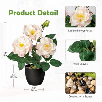 Hollyone Artificial Plants & Flowers with Vase Pink Roses Artificial Flowers Small Potted Plant Faux Silk Flower with Black Pot Fake Rose Flower Arrangement Office Shelf Desk Home Decor 11 Inch - color: Rose 2 - Pink (11inch)
