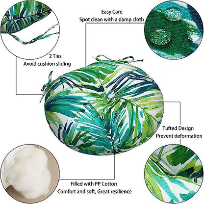 Magpie Fabrics 15" Round Bistro Seat Cushions with Ties, Set of 2, Waterproof All Weather Tufted 4" Thick Patio Chair Pads for Home Garden Dining Metal Stool - Green Palm Leaves - color: A Green Palm Leaves