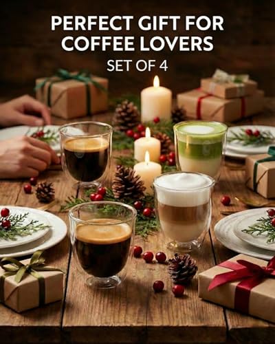 5oz Double Walled Espresso Cups, Set of 4 - Insulated Glass Coffee Mugs for Lungo, Double Espresso & Cappuccino - Clear Borosilicate Glassware Compatible with Nespresso & De'Longhi Machine