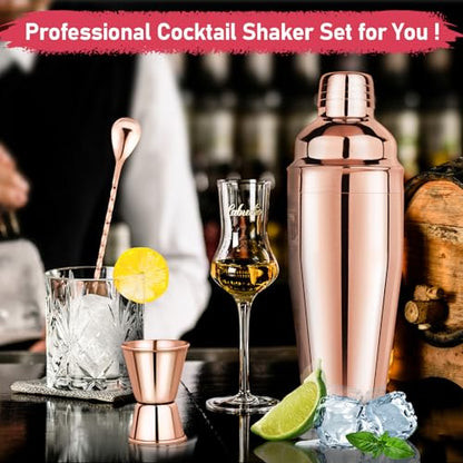 24oz Cocktail Shaker Set Martini Shaker Set Bartender Set | Professional 18/8 Stainless Steel Bar Tools with Margarita Mixer Drink Shaker, Measuring Jigger and Mixing Spoon (Rose Gold) - color: Rose Gold