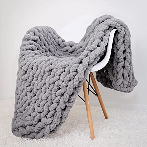 Cozy Chunky Throw Blanket Full Size 50x60 Grey Chenille Sofa Bed Throw Hand Knit Decorative Throw Warm Large Blanket - color: Grey, size: 50x60"