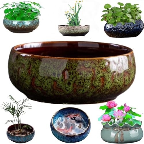 Lotus Bowl Planter, Decorative Ceramic Plant Pots, Thickened Round Planter for Home Desk & Shelf Decor (Green) - color: Green