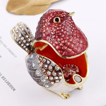 Hand Painted Enamel Hinged Trinket Box, Unique Mini Ring Necklace Jewelry Organizer, Classical Antique Bejeweled Storage, Figurine Collectible Keepsake Home Decor (Robin Bird-Red)
