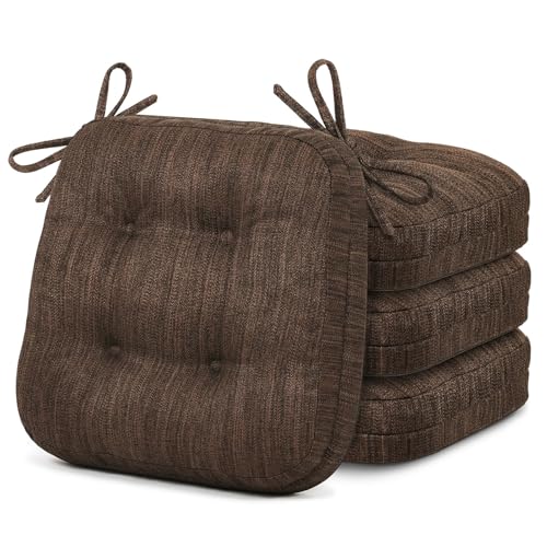 Shinnwa Dining Chair Cushions Set of 2, Dual-Layer Memory Foam Kitchen Chair Cushions, Patented Design Seat Pads with Ties, 16.5 x 16.5 x 3.5in, 4 Pack, Dark Brown - color: Dark Brown, size: 4 Count (Pack of 1)