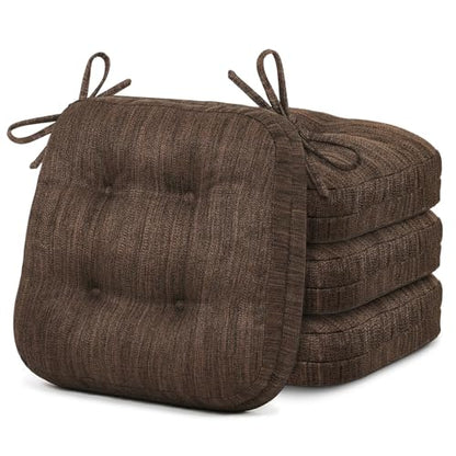 Shinnwa Dining Chair Cushions Set of 2, Dual-Layer Memory Foam Kitchen Chair Cushions, Patented Design Seat Pads with Ties, 16.5 x 16.5 x 3.5in, 4 Pack, Dark Brown - color: Dark Brown, size: 4 Count (Pack of 1)