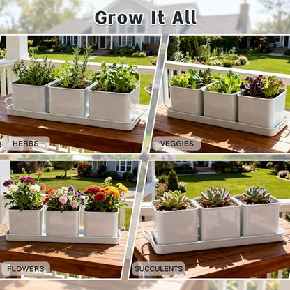 Indoor Herb Garden, Herb Planter Set with Handled Tray, 3 Iron Indoor Plant Pots with Drainage Holes, Windowsill Planter with Customizable Labels, Marker Pen, 10 Plant Labels, Window Pots, White