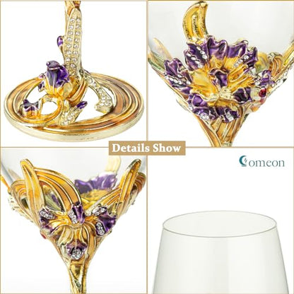 Comeon Flower Wine Glasses Hand Painted Wine Glasses Golden 2 Set | Golden Enamels Floral Design, Included Gift Box, Transparent Glass, Long Stem Crystal Red Wine Glasses, Champagne Glasses - color: Golden/ 2 set (gift box)