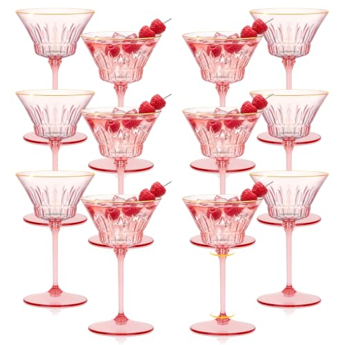 12 Pcs Plastic Martini Glasses with Gold Rim 4.5 Oz Reusable Acrylic Coupe Cocktail Glasses Removable Champagne Dessert Cups for Margaritas Mimosa Weddings Parties Birthday Celebrations (12, pink) - color: Pink