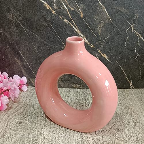 India Meets India Ceramic Vase [Pink], Ceramic Donut Circle Vase, Decorative Hollow & Pampas Dried Flowers Vase for Home Decoration/Living Room/Bedroom/Office/Table/Bookshelf, 8"