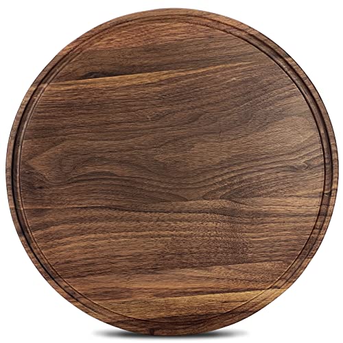 12" Round Walnut Wood Cutting Board for Kitchen | Wooden Chopping Board with Juice Grooves - size: 12"L x 12"W