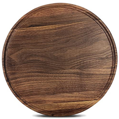 12" Round Walnut Wood Cutting Board for Kitchen | Wooden Chopping Board with Juice Grooves - size: 12"L x 12"W