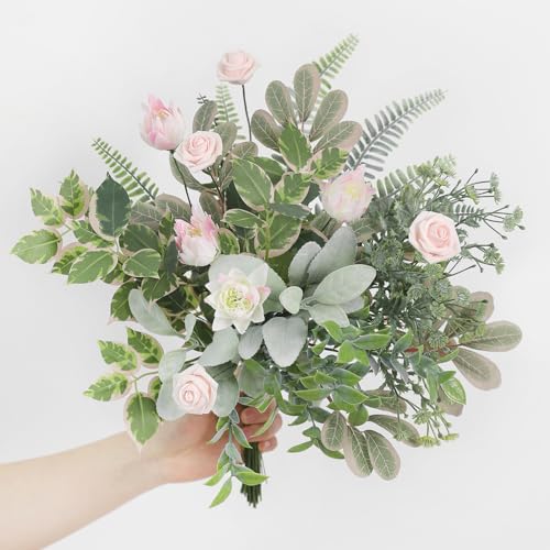 Serra Flora Artificial Greenery Spray Box Set(Pack of 48pcs) with 7 Kinds of DIY Wedding Bouquet Filler Table Centerpieces and Floral Arrangement - color: Fresh Green&light Pink