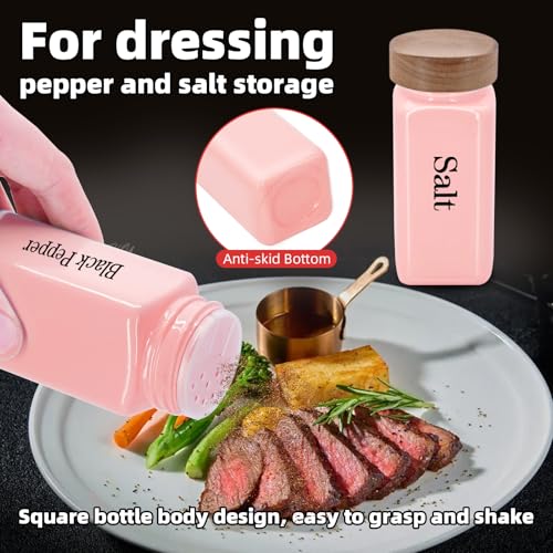 6Pcs 4 oz Square Glass Spice Jars with Label, Empty Spice Containers with Wooden Lids, Square Seasoning Containers and Supplement Set, Small Seasoning Bottles for Salt, Sugar, Pepper (Pink) - color: Pink