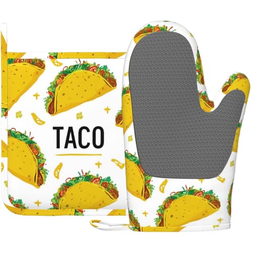 Taco Time Heat-Resistant Oven Mitts and Pot Holder Kitchen Non-Slip Silicone Cooking Microwave Gloves for Cooking Baking Grilling - color: Taco Time