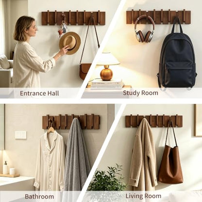 Wood Coat Rack Wall Mount, Coat Hooks Hanger Wall Mounted, Heavy Duty Wall Coat Rack with 8 Hooks for Hanging Coats/Keys/Hats/Robe&Towels/Plants/Bags, Walnut - size: 8 Hooks