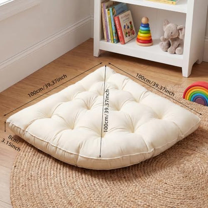 Yookeer Triangle Floor Pillow 40 Inch Cream Tufted Corner Floor Cushion Thickened Soft Window Seat Cushion Washable Meditation Mat for Living Room Bay Balcony Reading