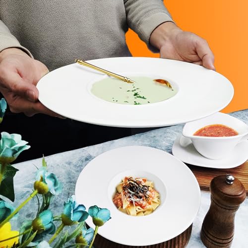 Ceramics Rimmed Soup Bowls 8.6 oz, White 11 inch Exquisite small soup plate Set of 4, Pasta plates With Rim is the best choice for hotels, kitchens, fine restaurants and gourmets - color: White, size: 11 Inch-8.6 oz