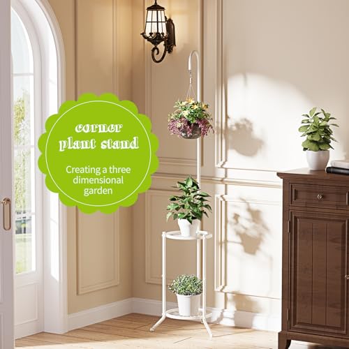 BMOSU Plant Stand with Hooks Indoor Outdoor Corner Tall Plant Stand Heavy-Duty Metal 3-Tier Plant Shelf Holder Rack for Patio Garden Balcony Living Room Bedroom(semicircular White)